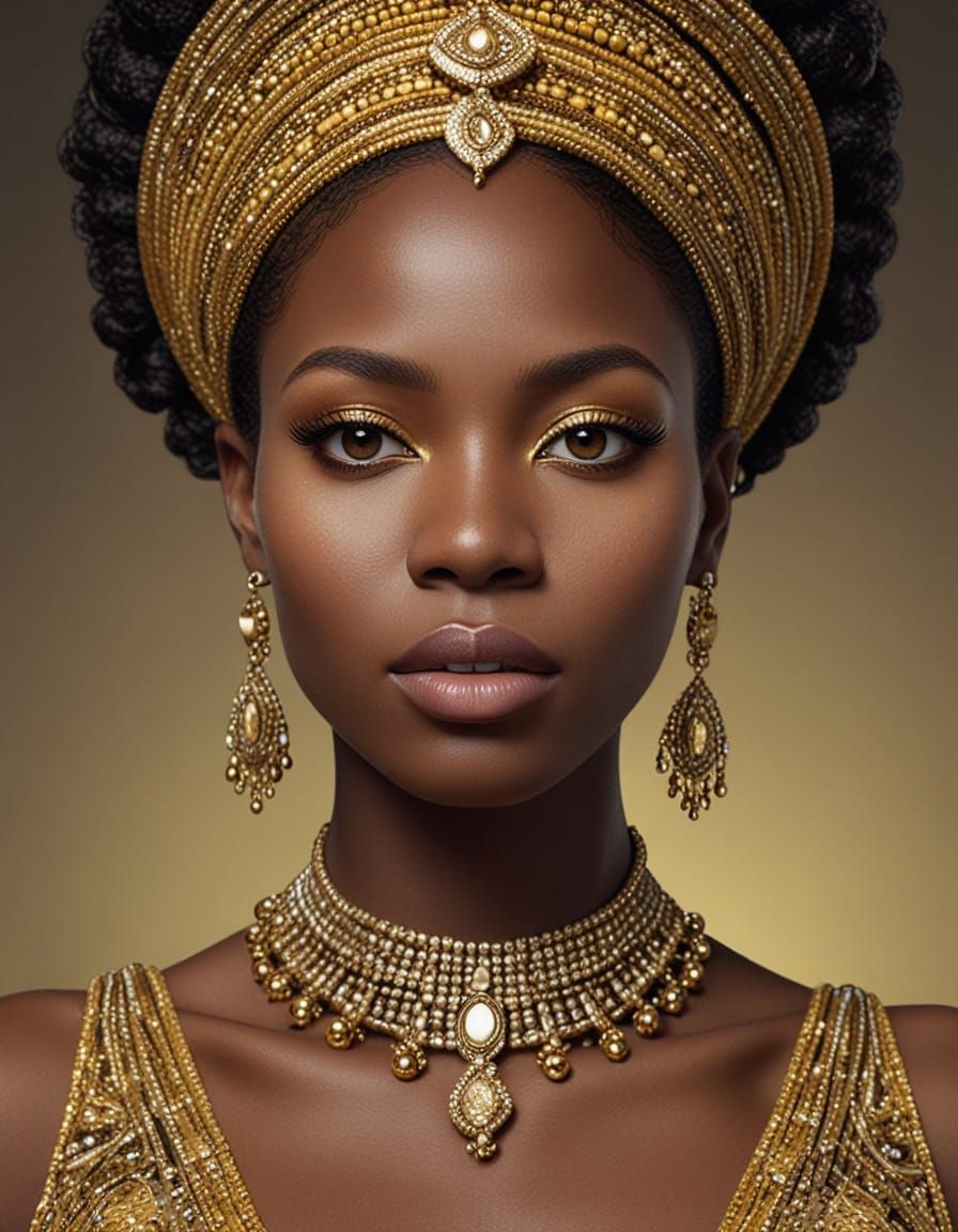 African Woman Portrait in Gold and Sequins