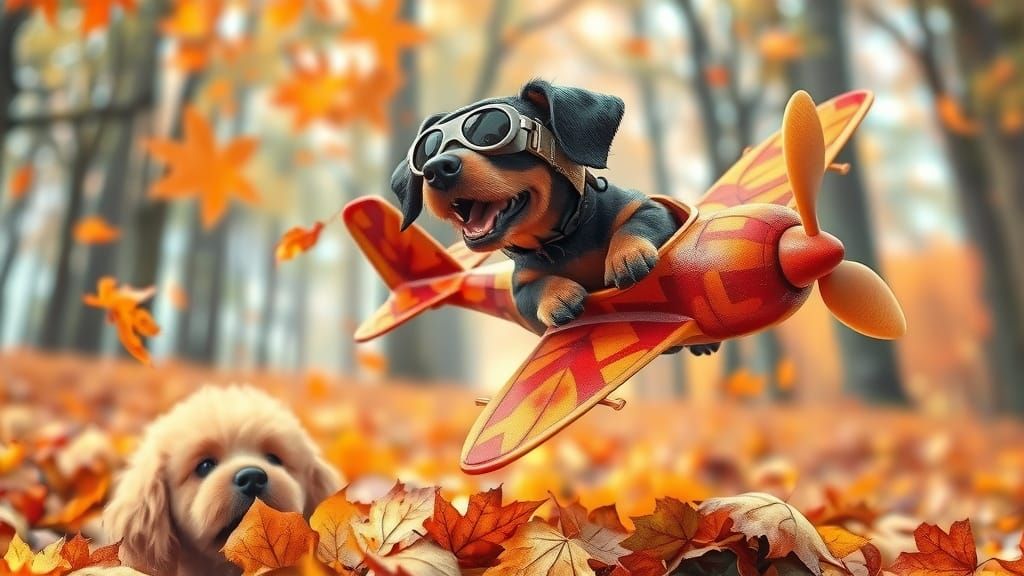 Anime Dachshund Pilot in Autumn Leaf Plane