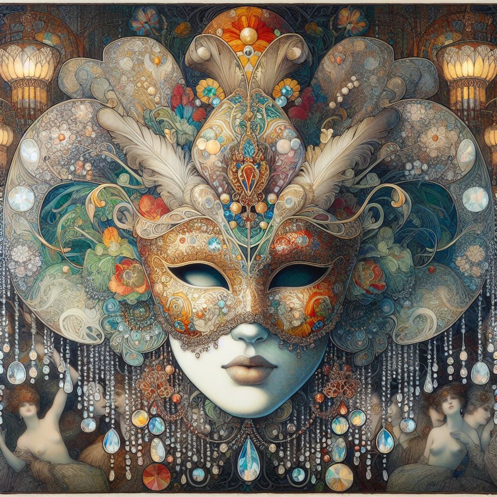 Art Nouveau Mardi Gras Mask in Opulent Oil Painting