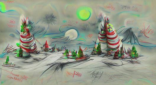 Cartoon Santa at North Pole with Aurora, Pencil Sketch