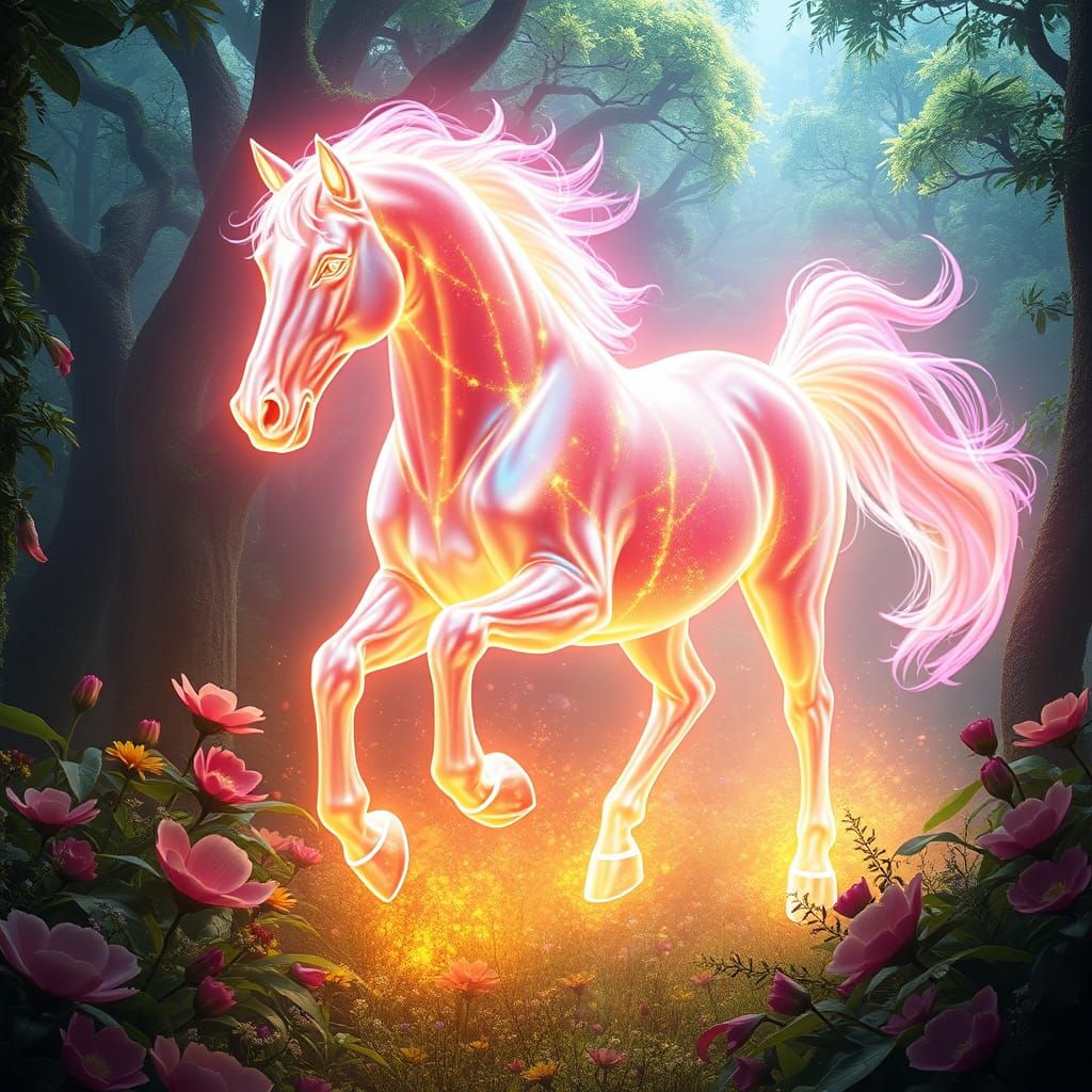 Luminous Horse Glides Through Enchanted Forest