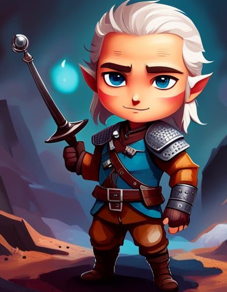 Adorable Chibi Geralt of Rivia in Digital Painting Style