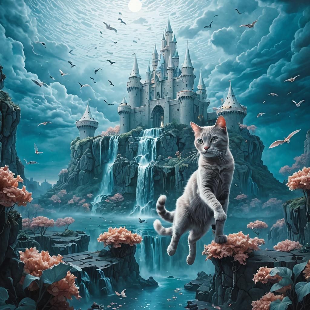 Cats Crying in Surreal Moonlit Sky with Waterfalls