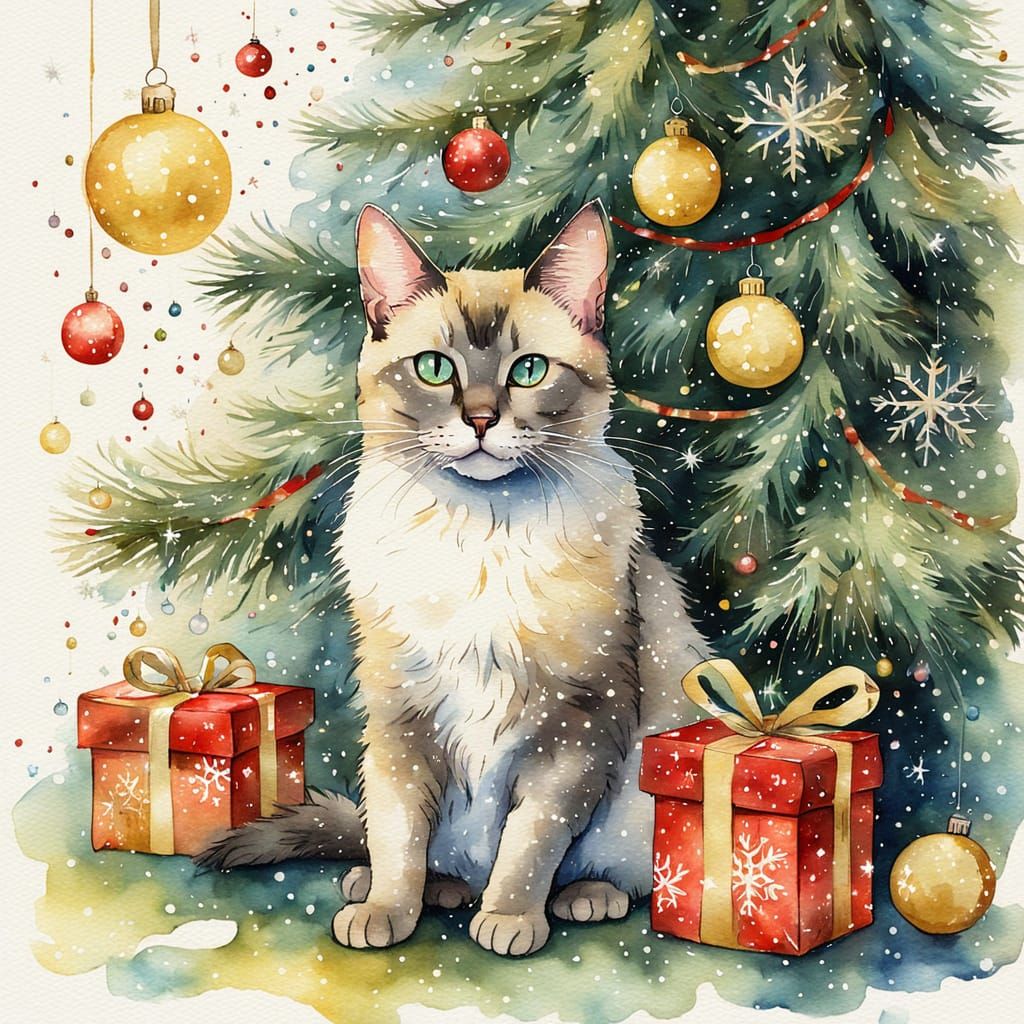 Siamese Cat in Christmas Tree, Durer Watercolor