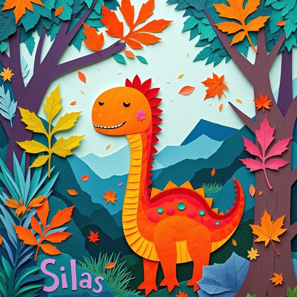Dinosaur in Jungle: Vibrant Paper Collage Artwork