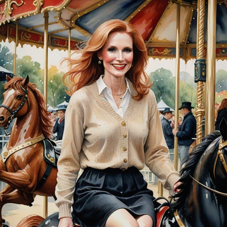 Impressionist Watercolor of a Whimsical Woman on a Carousel