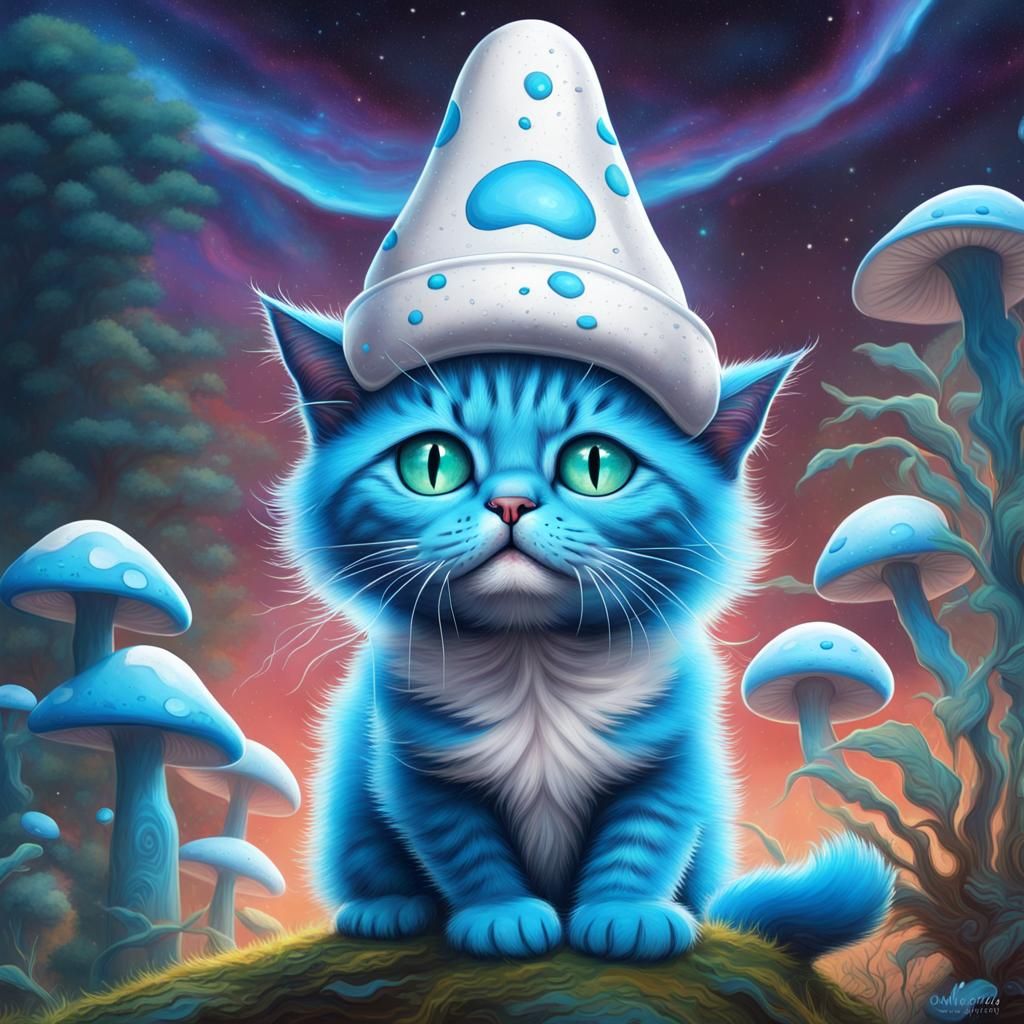 Blue Smurf Cat in Pablo Amaringo Style