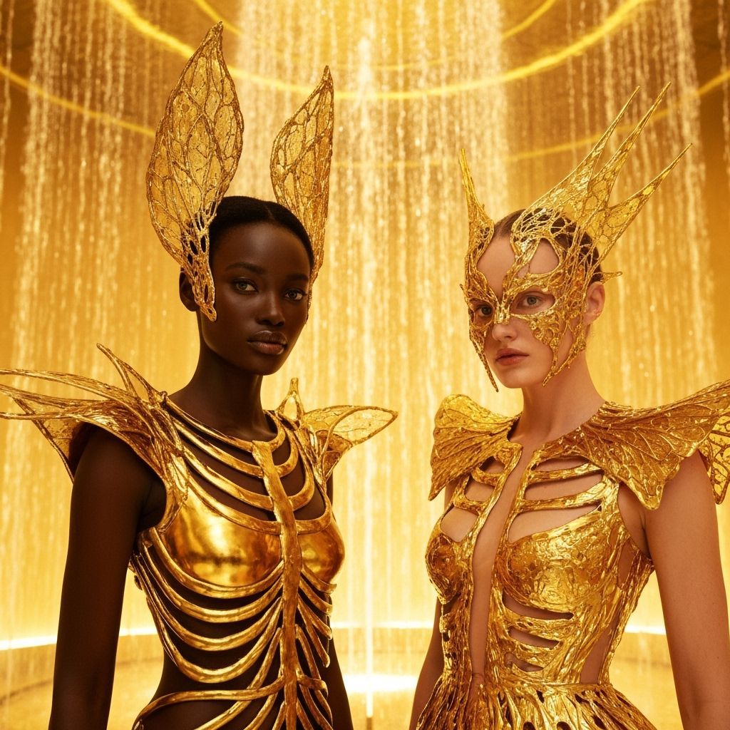 Divine Future: Women in Golden Exoskeletal Gowns