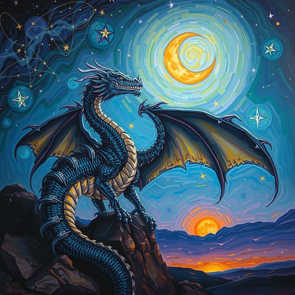 Dragon in Starry Night Sky: Surreal Impressionistic Art
