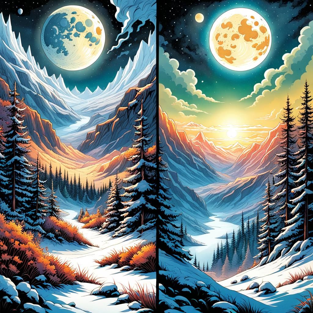 Contrasting Winter and Summer Landscapes in Comic Book Style
