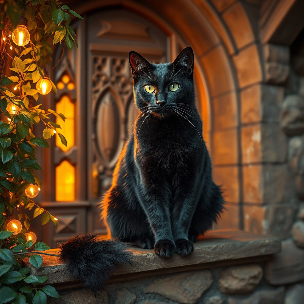 Majestic Black Cat on Mystical House Windowsill