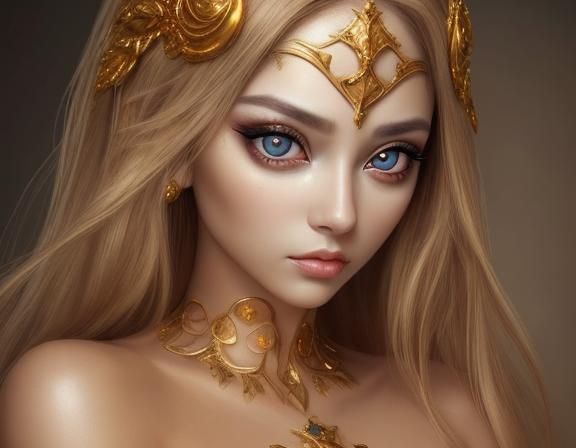 Beautiful woman massive eyes with golden skin realistic mast...