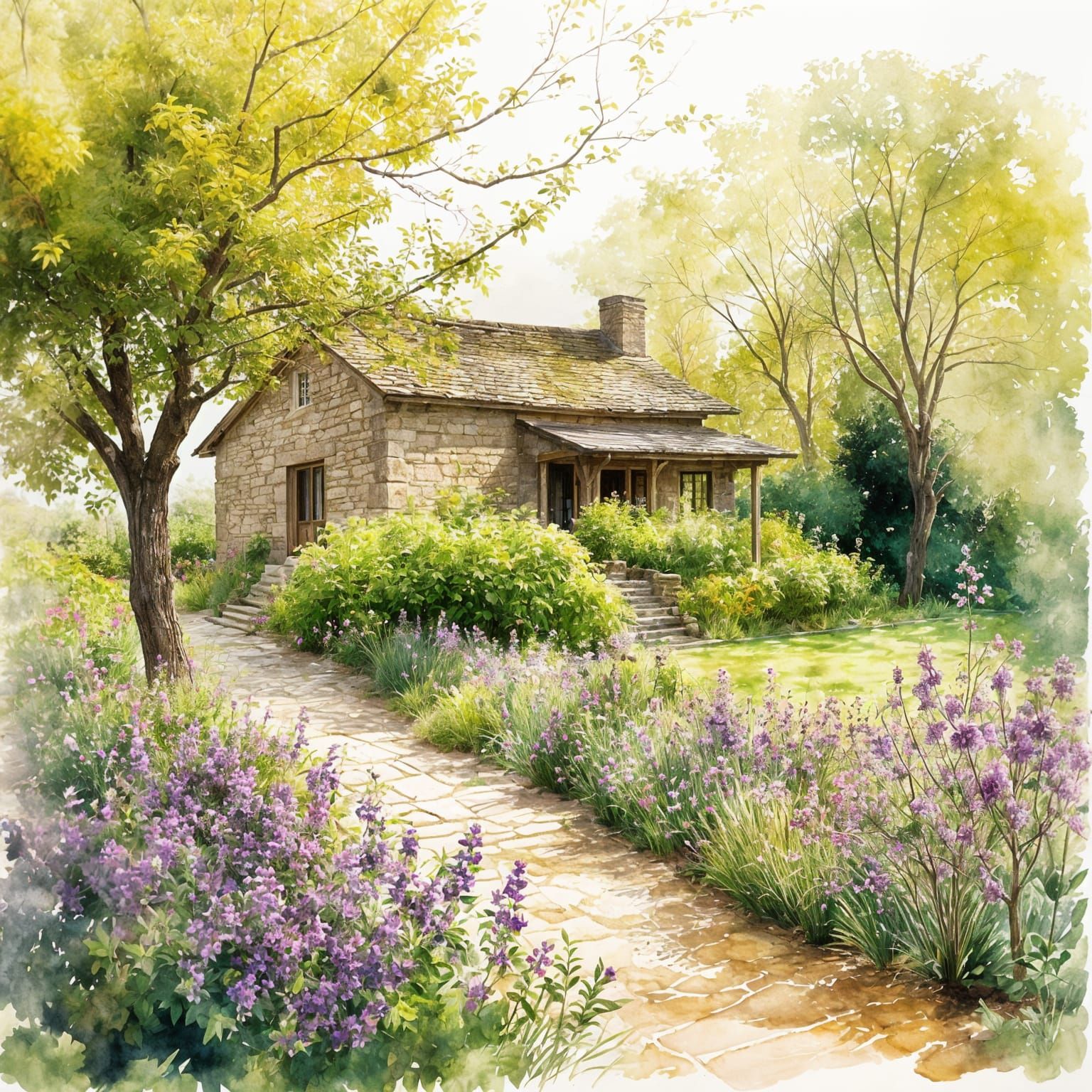 Watercolor Ink Painting of Rustic Country House and Orchard