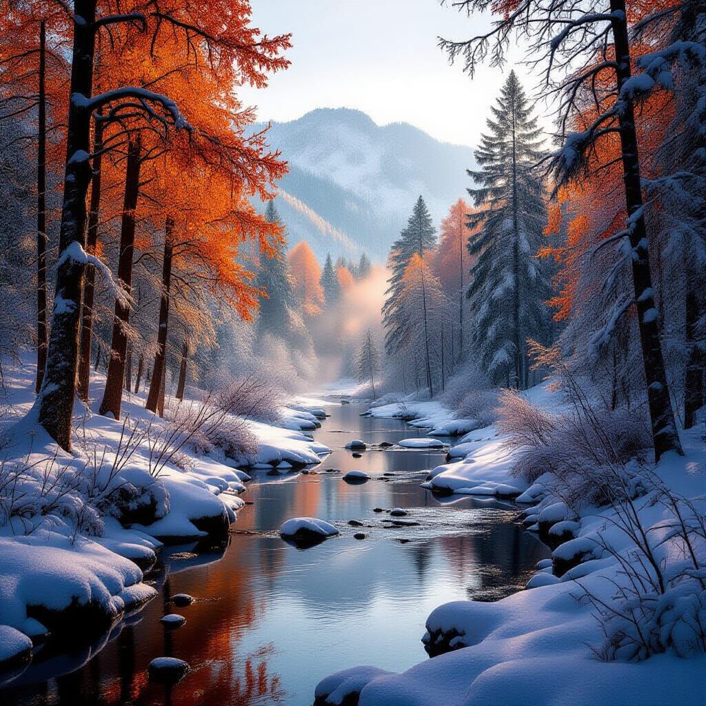 Serene Winter Forest with Autumn Foliage and Warm Light