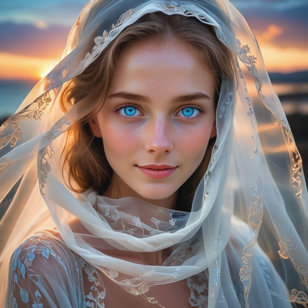 Ethereal Woman with Blue Eyes Behind Veil