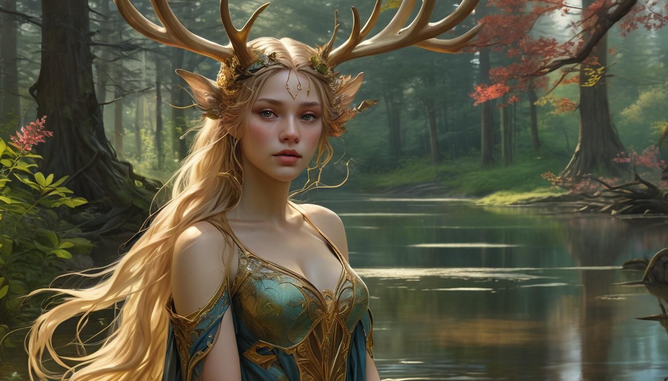 Renaissance Forest Nymph with Antlers Portrait