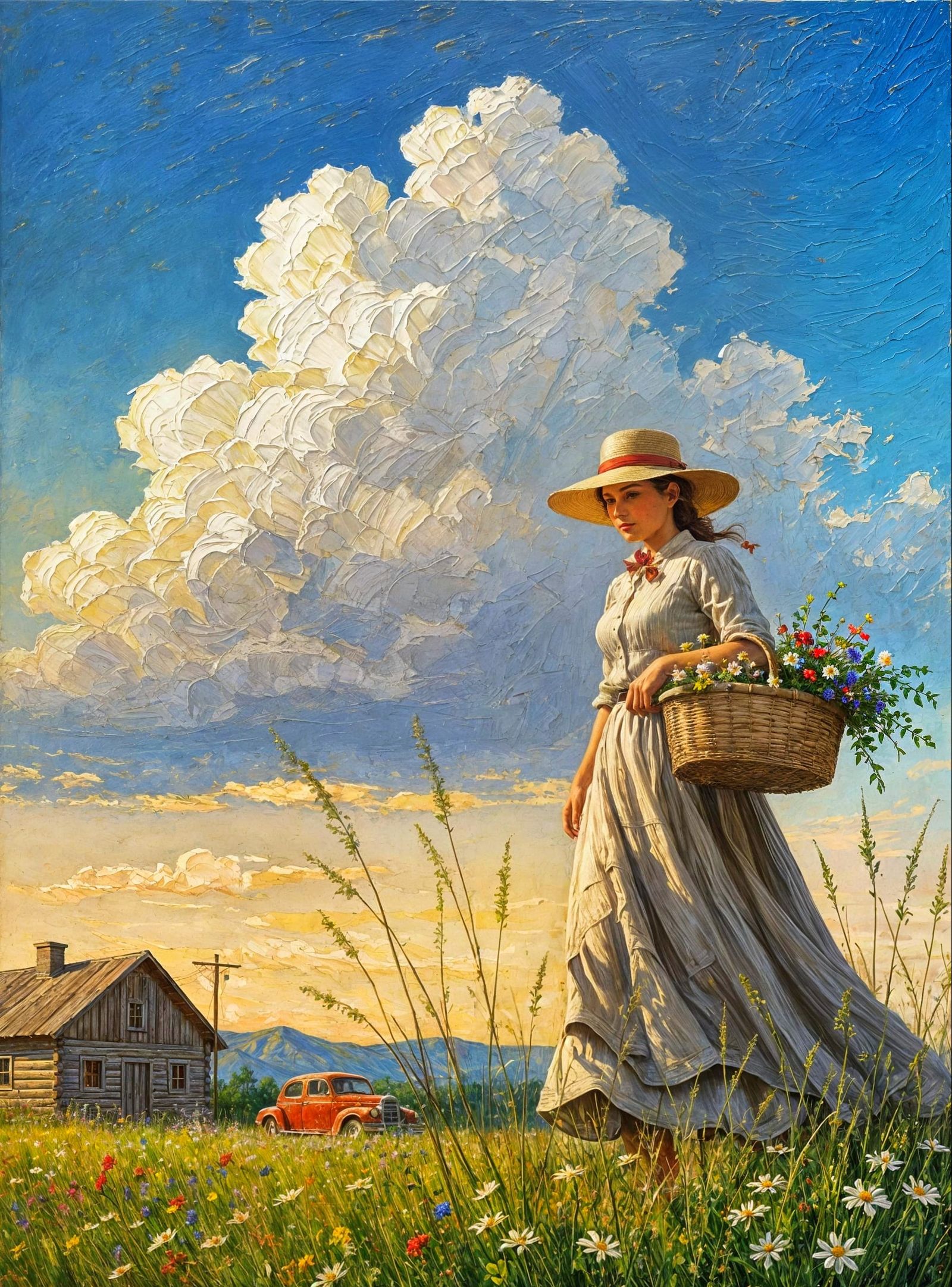 Impasto Painting Of Woman In Hat At Sunset