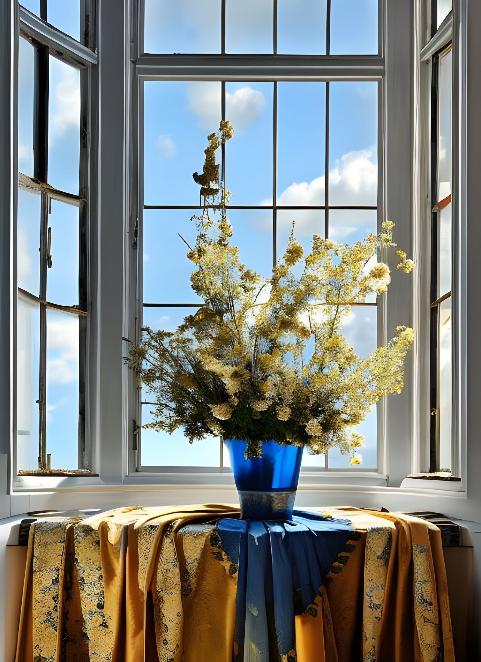 Hyperreal Flowers on Butcher Table in Pollock-Vermeer Style