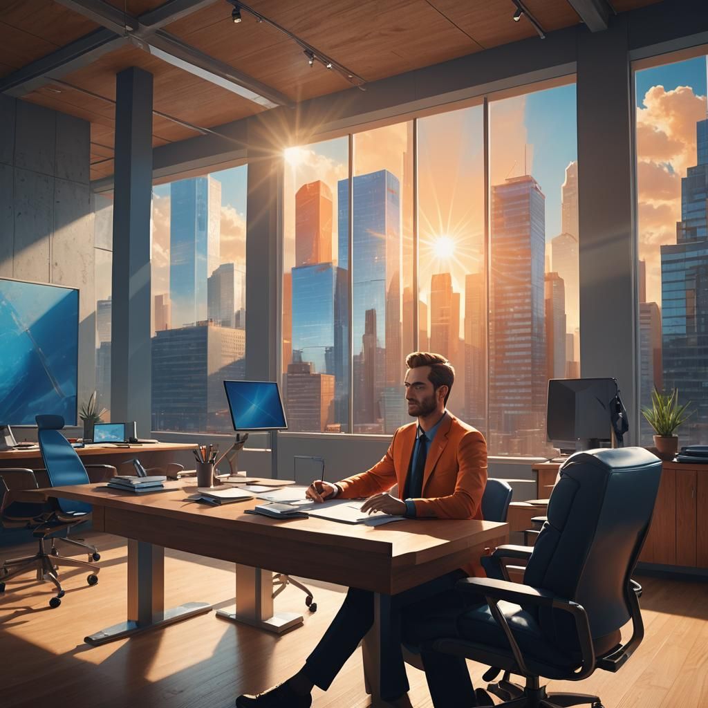 Man in Minimalist Office with Sunlight, Digital Matte Painti...