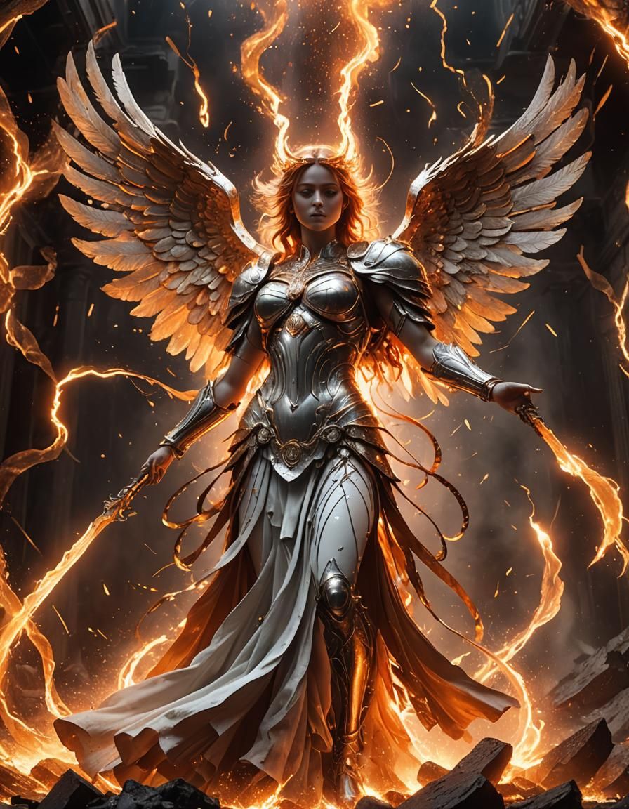 Dramatic Molten Metal Angel in Fiery Light