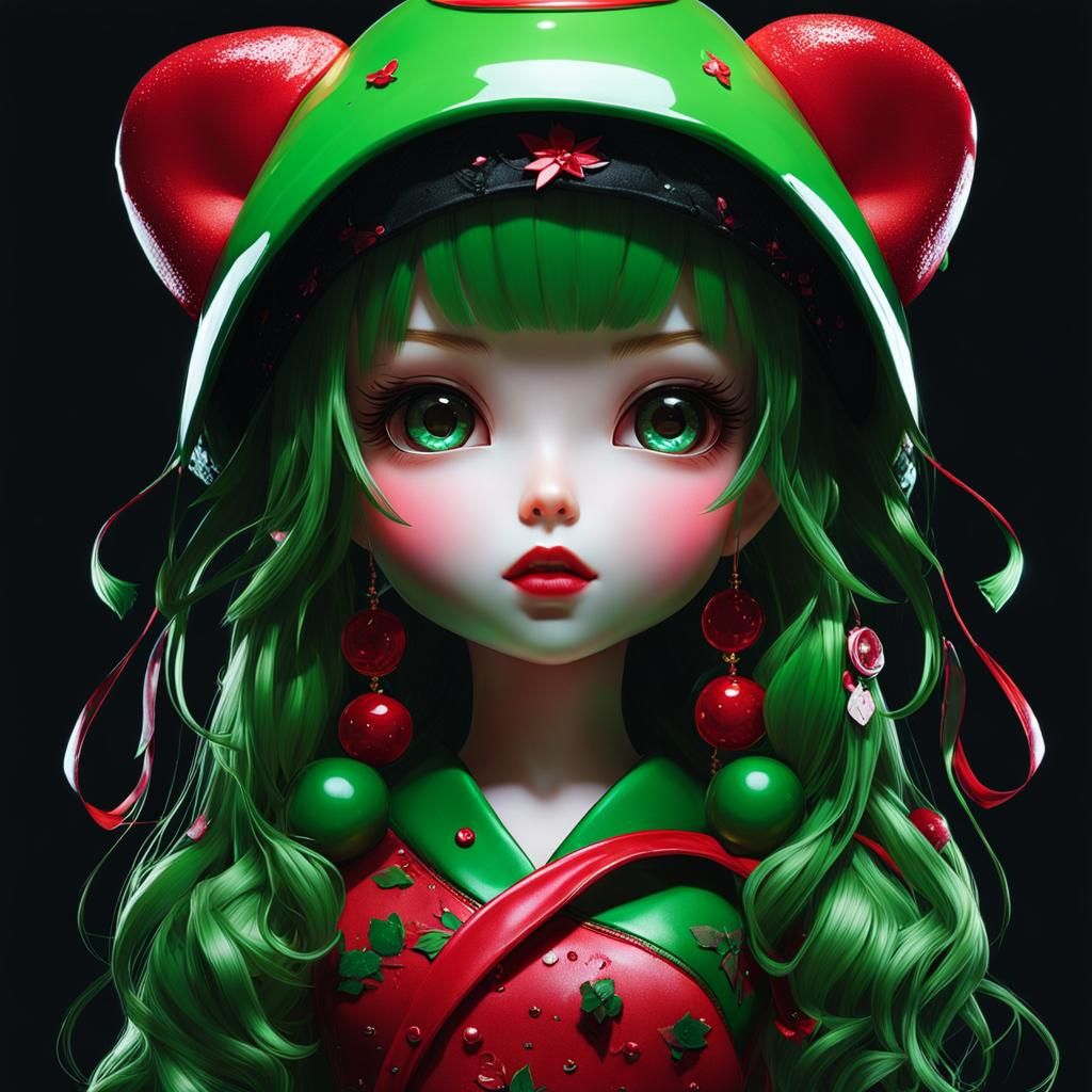 Cute Kawaii Doll in Red and Green