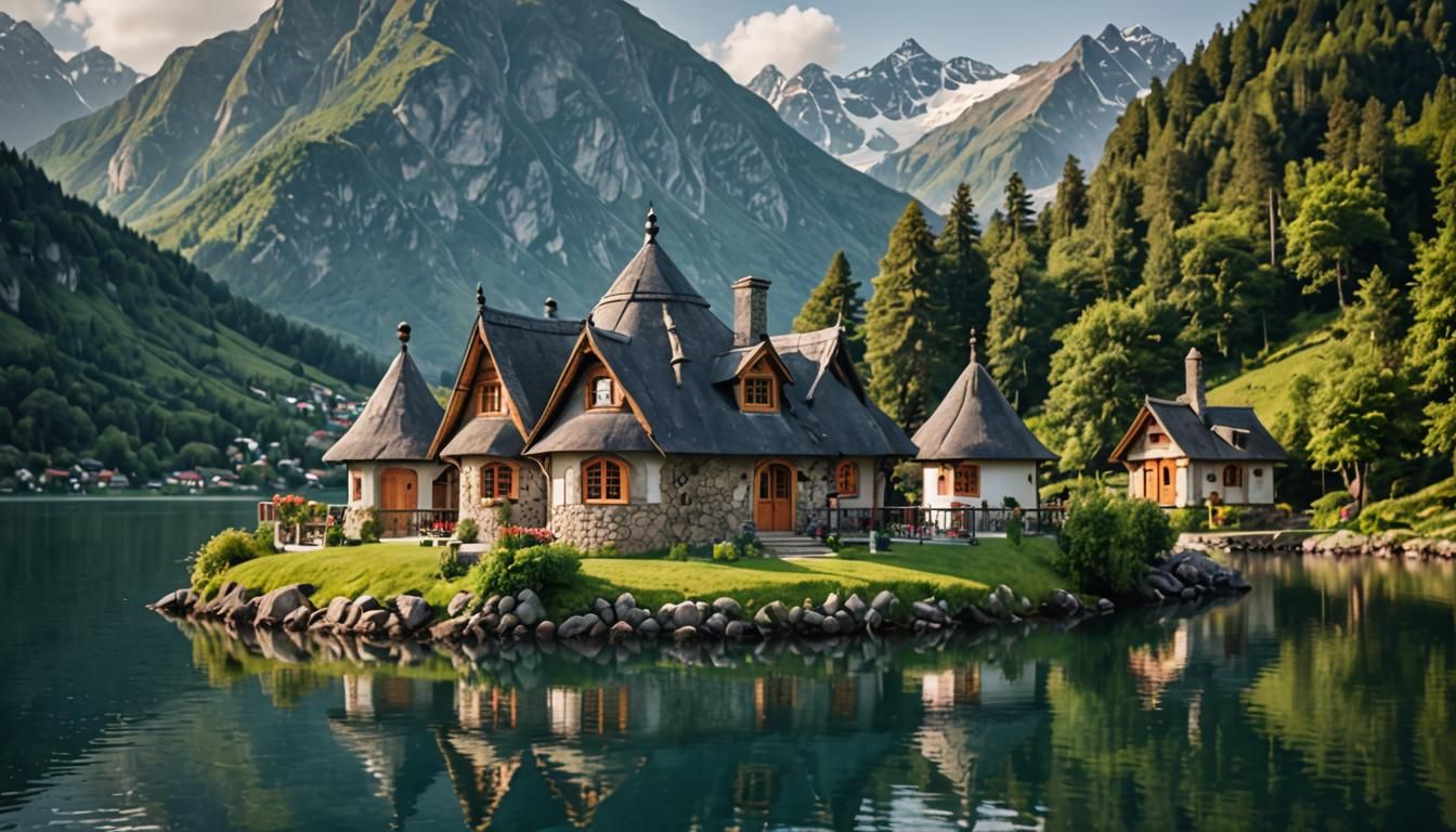 Idyllic Lakeside Cottage with Round Towers