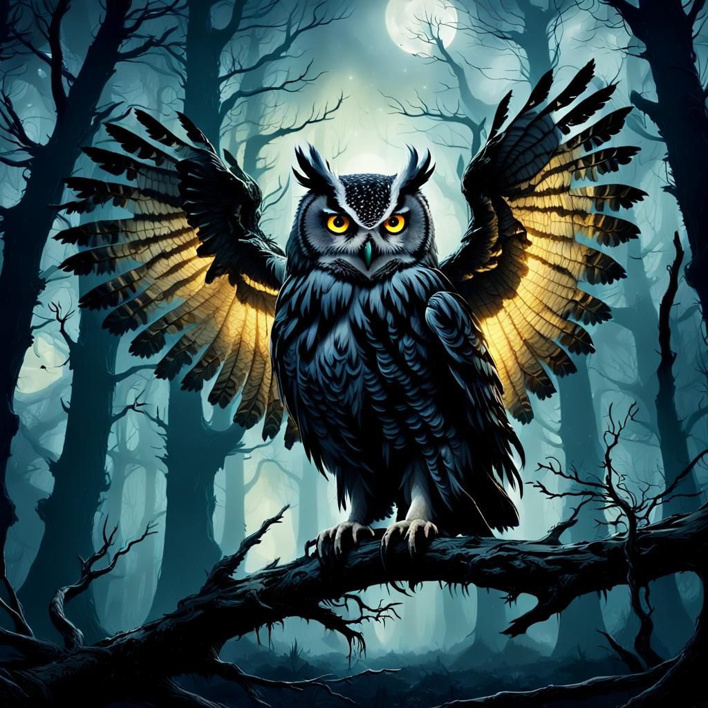 Colossal Owl in Haunted Forest: Gothic Horror