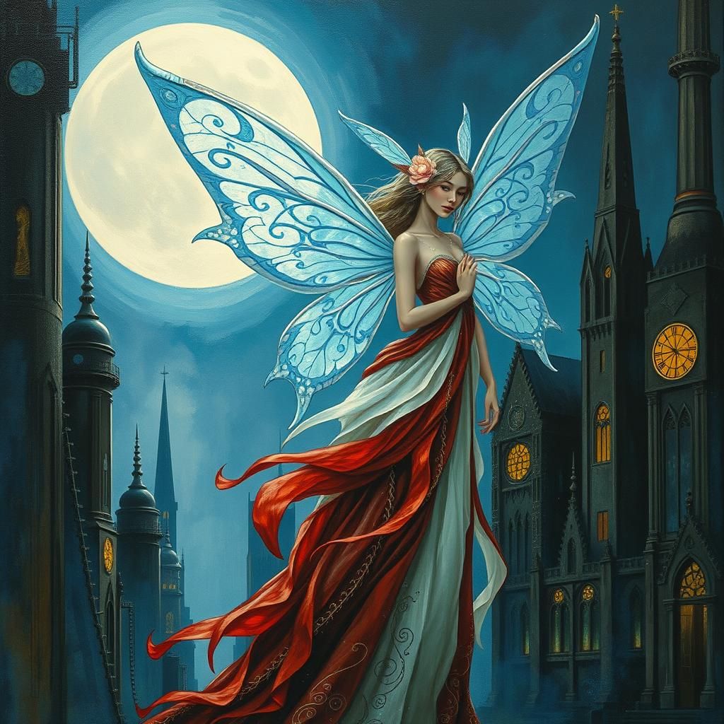 Ethereal Fairy Elf in Dystopian Art Deco Cityscape