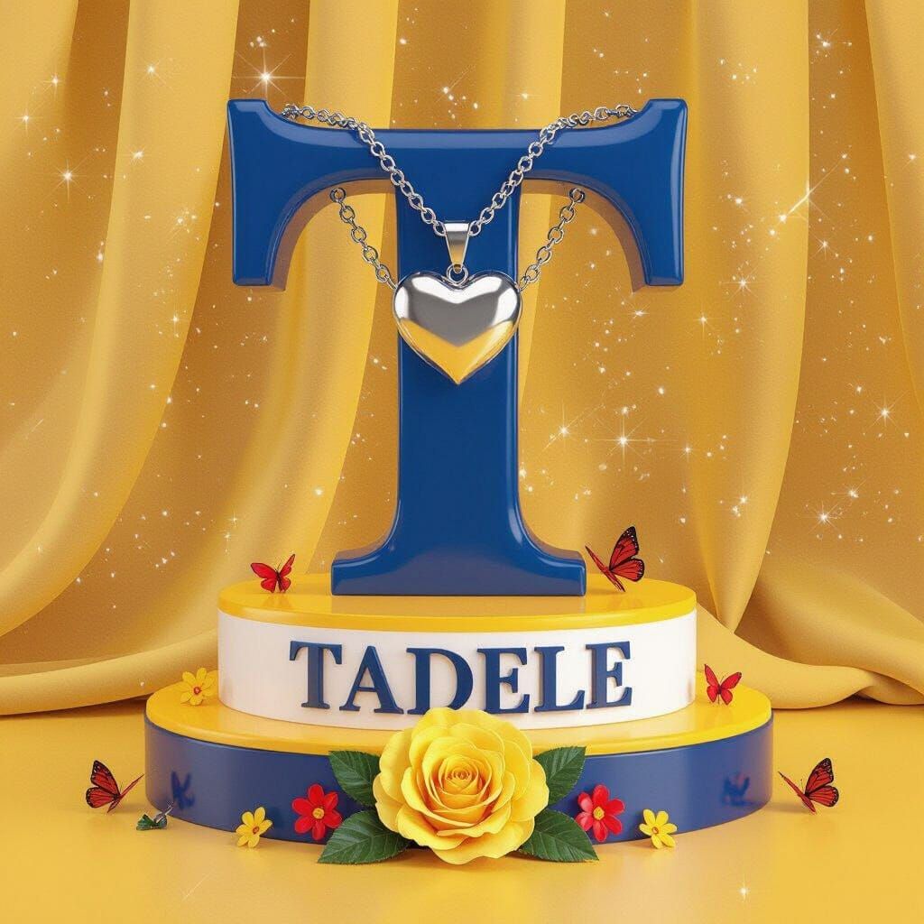 3D Render of Blue 'T' with Heart Pendant on Pedestal