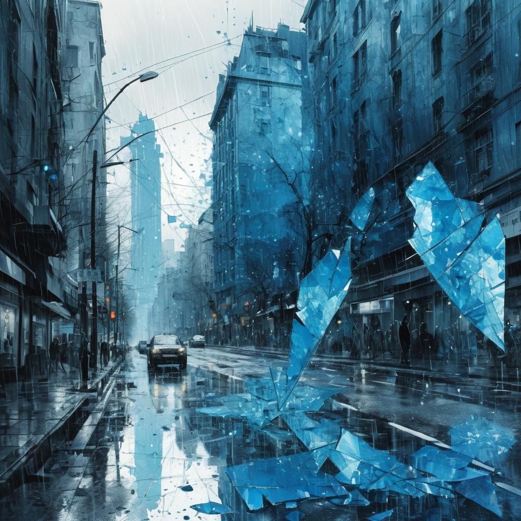 Blue Fantasy Cityscape with Shattered Glass in Watercolor