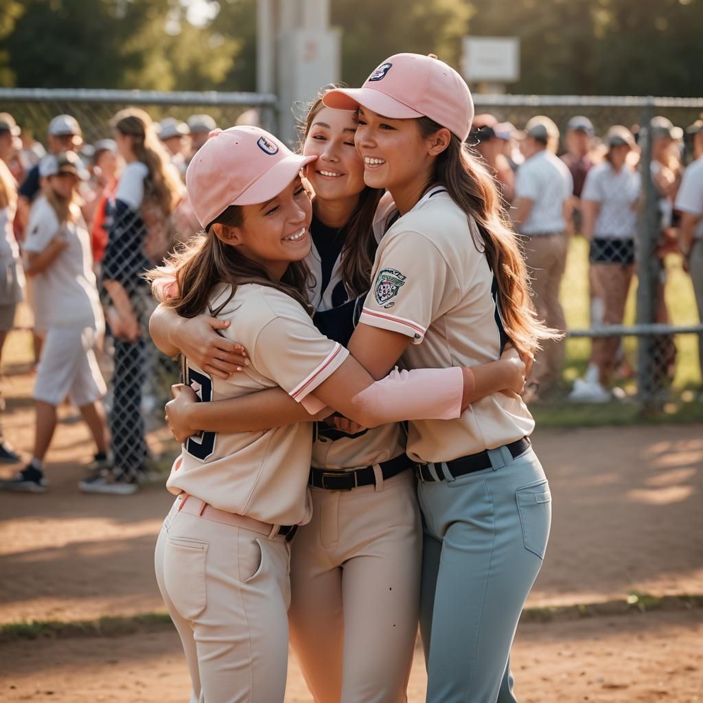 Girls in Baseball Gear Embrace: Sports Photography
