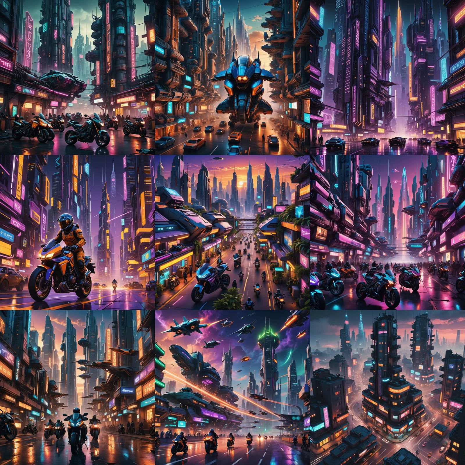 Futuristic Space City with Spaceships in Detailed Matte Pain...