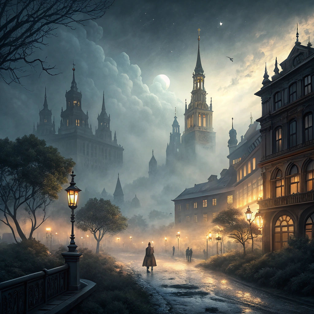 Mysterious Cityscape in Mist with Volumetric Lighting