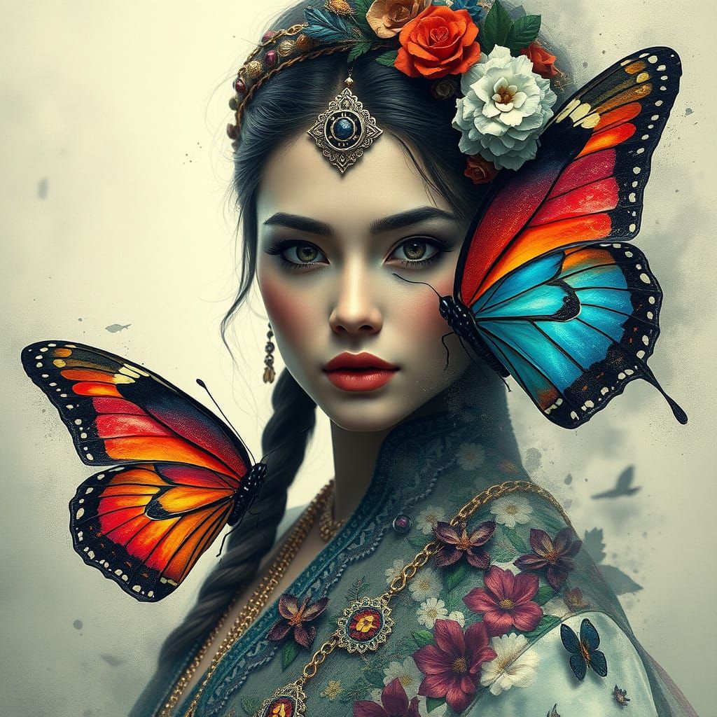 Beautiful Folkloric Woman with Vibrant Butterfly in Impressi...