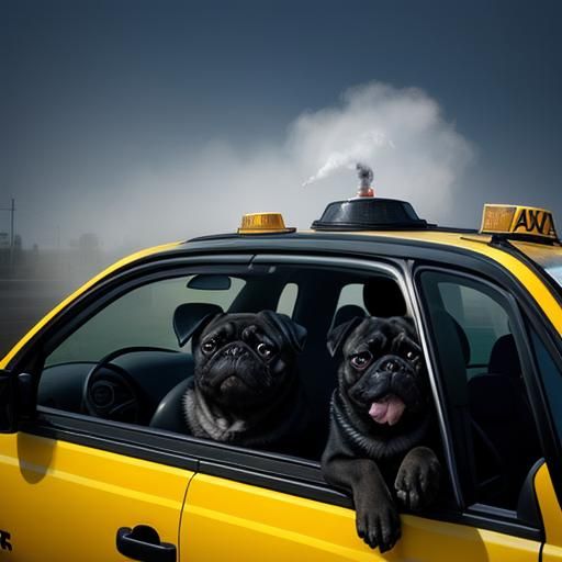 black pug driving a taxi