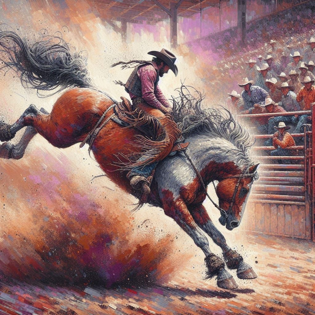 Wild Bronco Rodeo Illustration with Impasto Texture