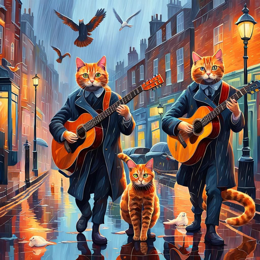 Cats Playing Guitar in Rainy London, Surreal Oil Painting