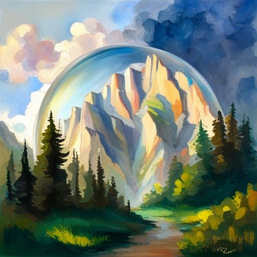 Mountain Forest Landscape Inside Bubble: Gouache Impressioni...