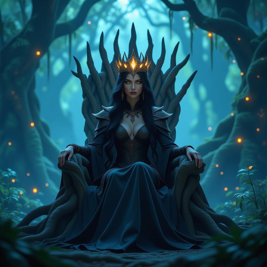 Dragonborn Queen on Bioluminescent Throne: Fantasy Art