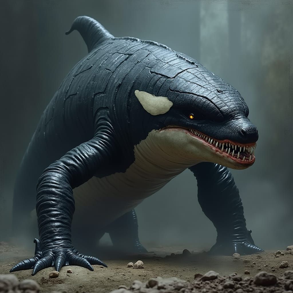 Surreal Orca-Crocodile Hybrid in Biomechanical Style