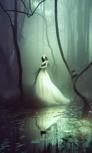 Ethereal Ghost in Eerie Swamp: Hyperrealistic Digital Art