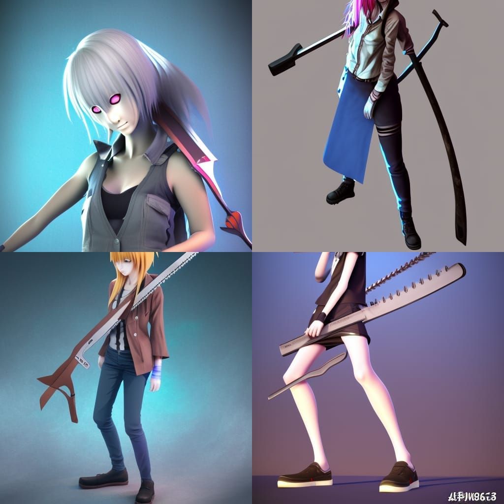 denji type anime character form chainsaw man but a female with blue eyes with scythes for hands and feet storybook illus...
