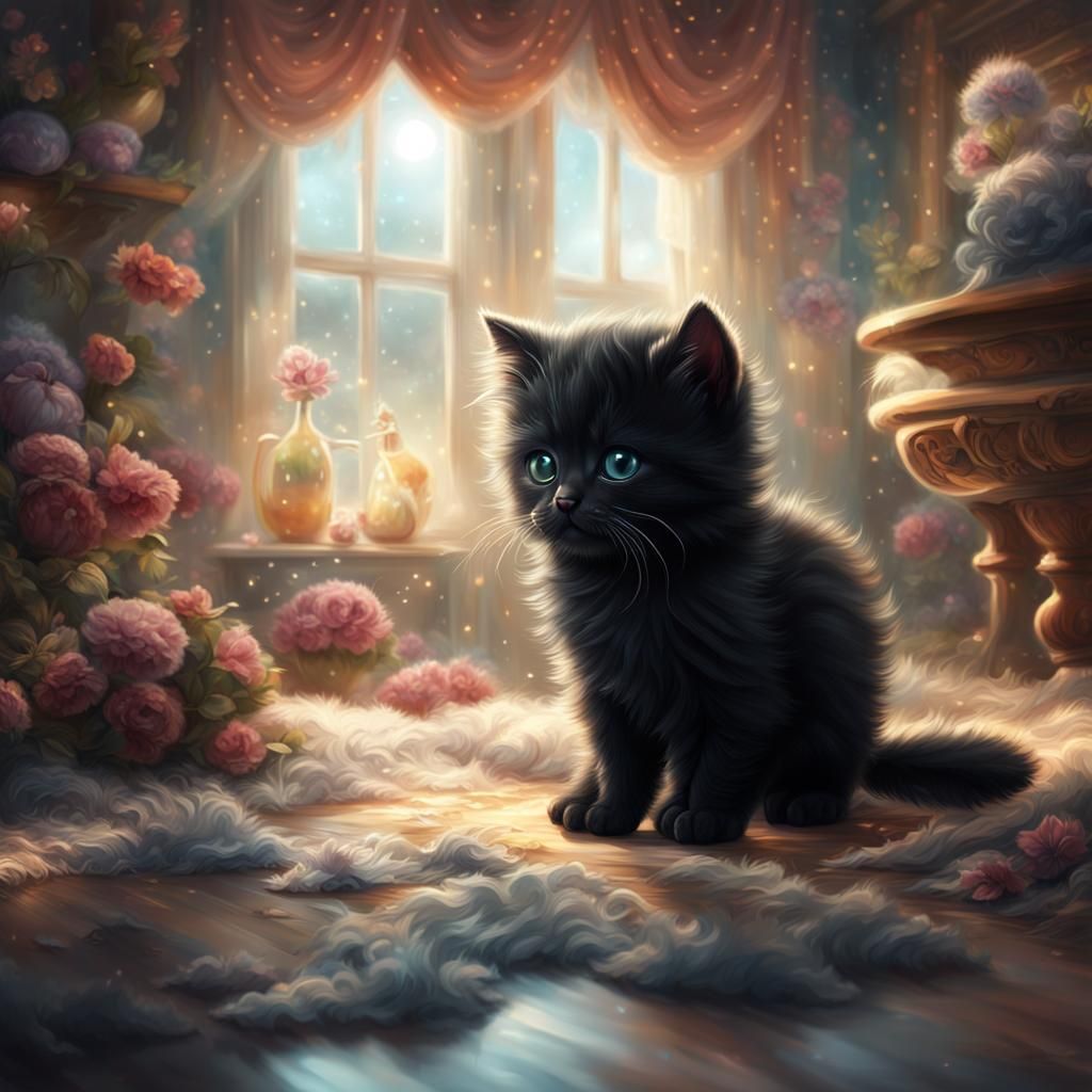 Fluffy Black Kitten: Dramatic Digital Painting