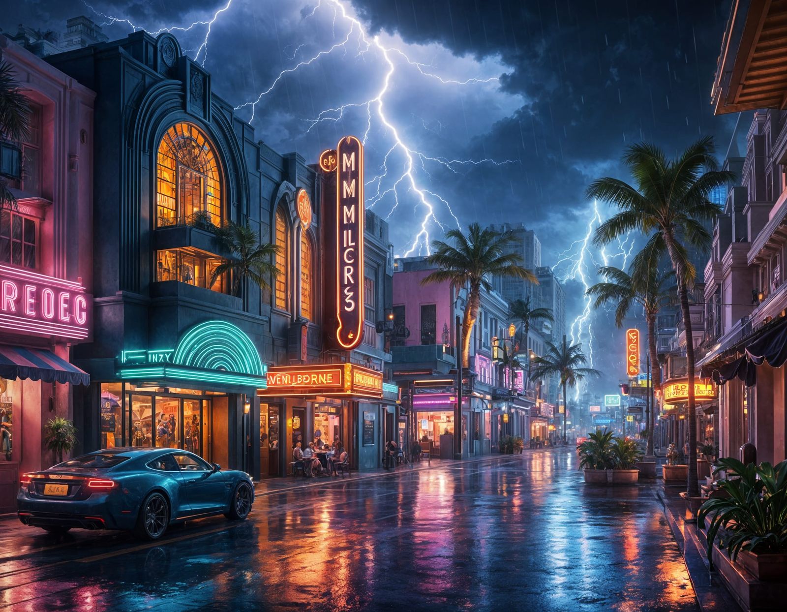 Miami Art Deco District in Rainstorm