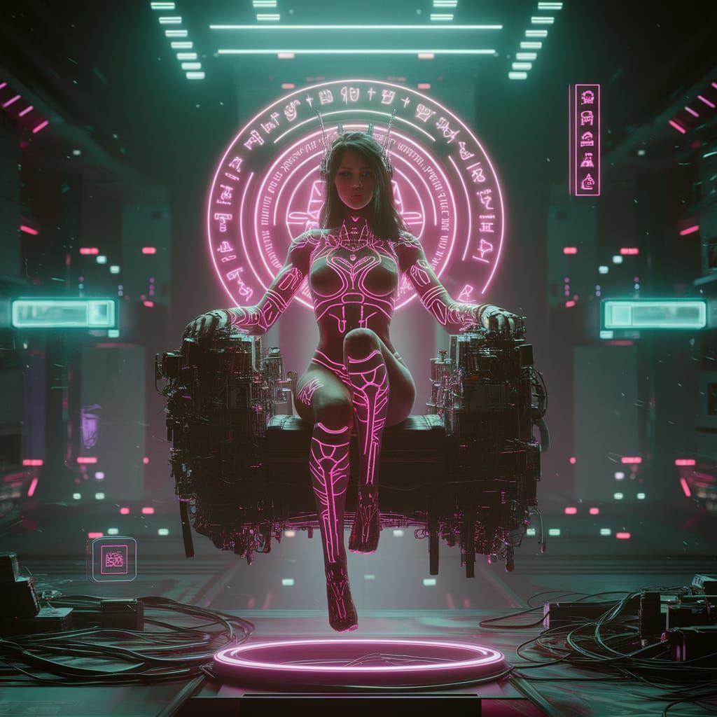 Cyberpunk Goddess on Levitating Throne, Hyperrealistic Detai...