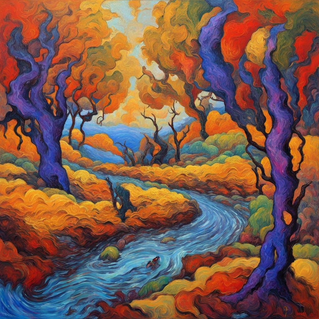 Travelers in Desolate Landscape, Neo-Impressionist Oil Paint...