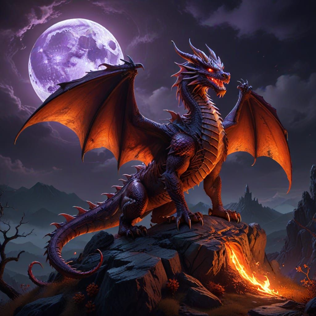 Majestic Red Dragon on Halloween Hill Under Full Moon