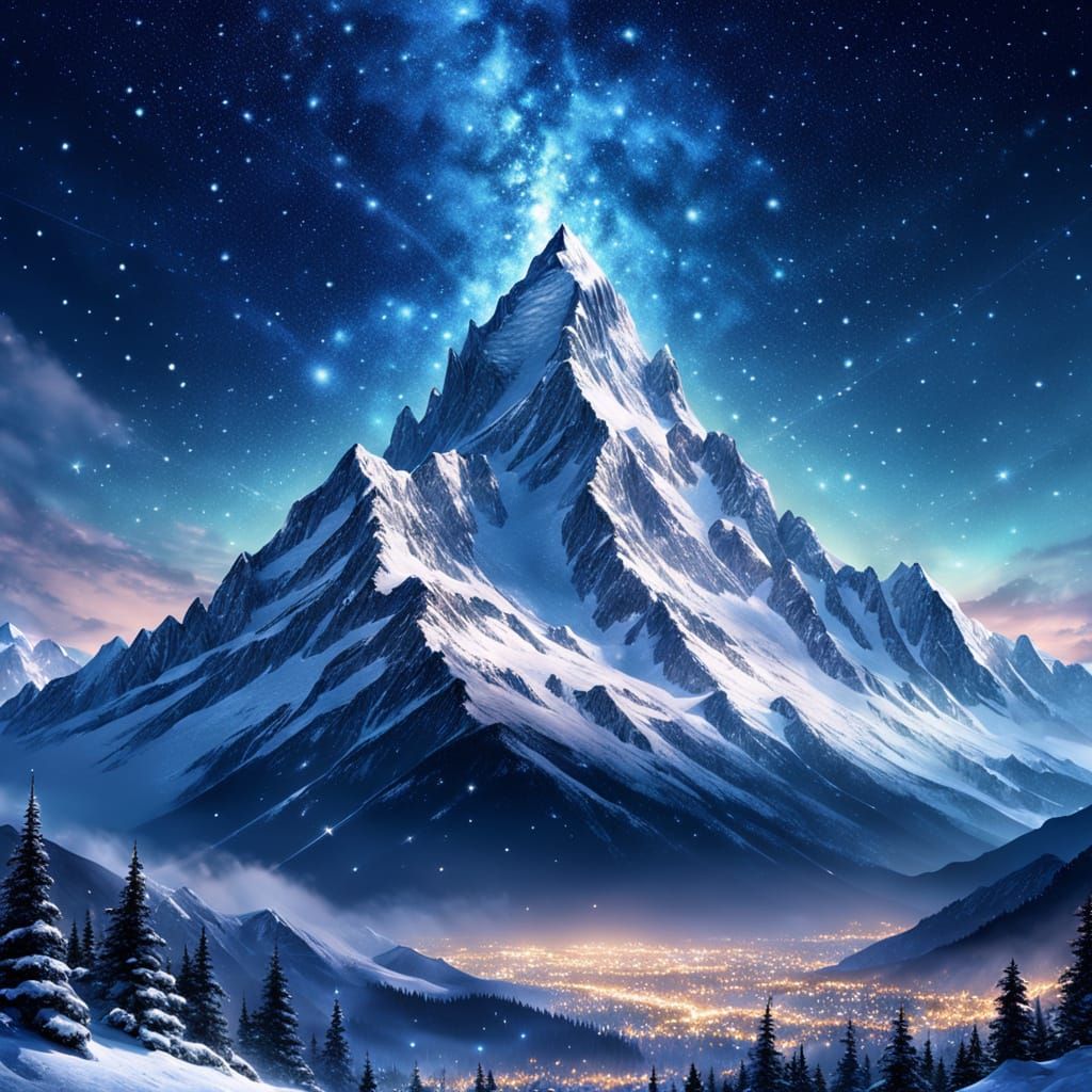 Ethereal Mountain Peak Under Starry Sky