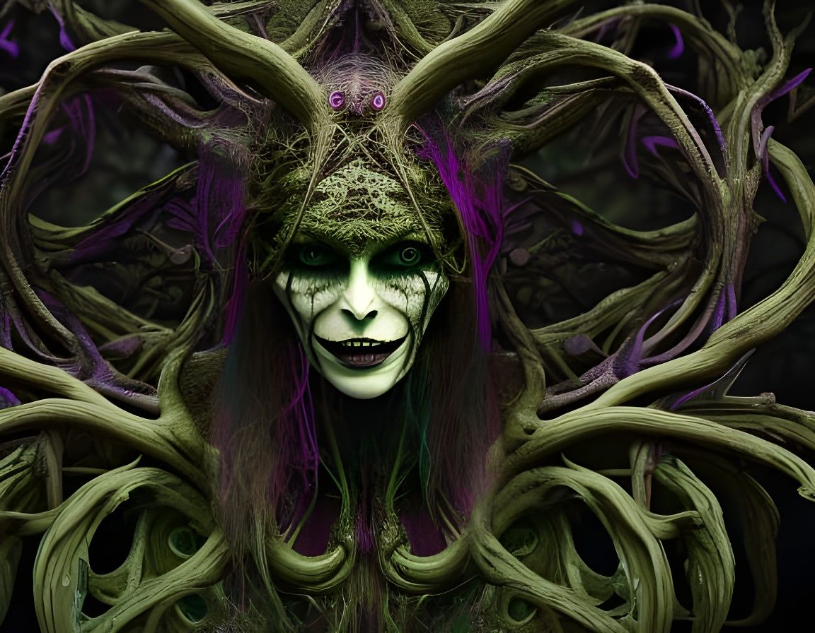 Terrifying Banshee in Dark Forest: Polychromatic Art