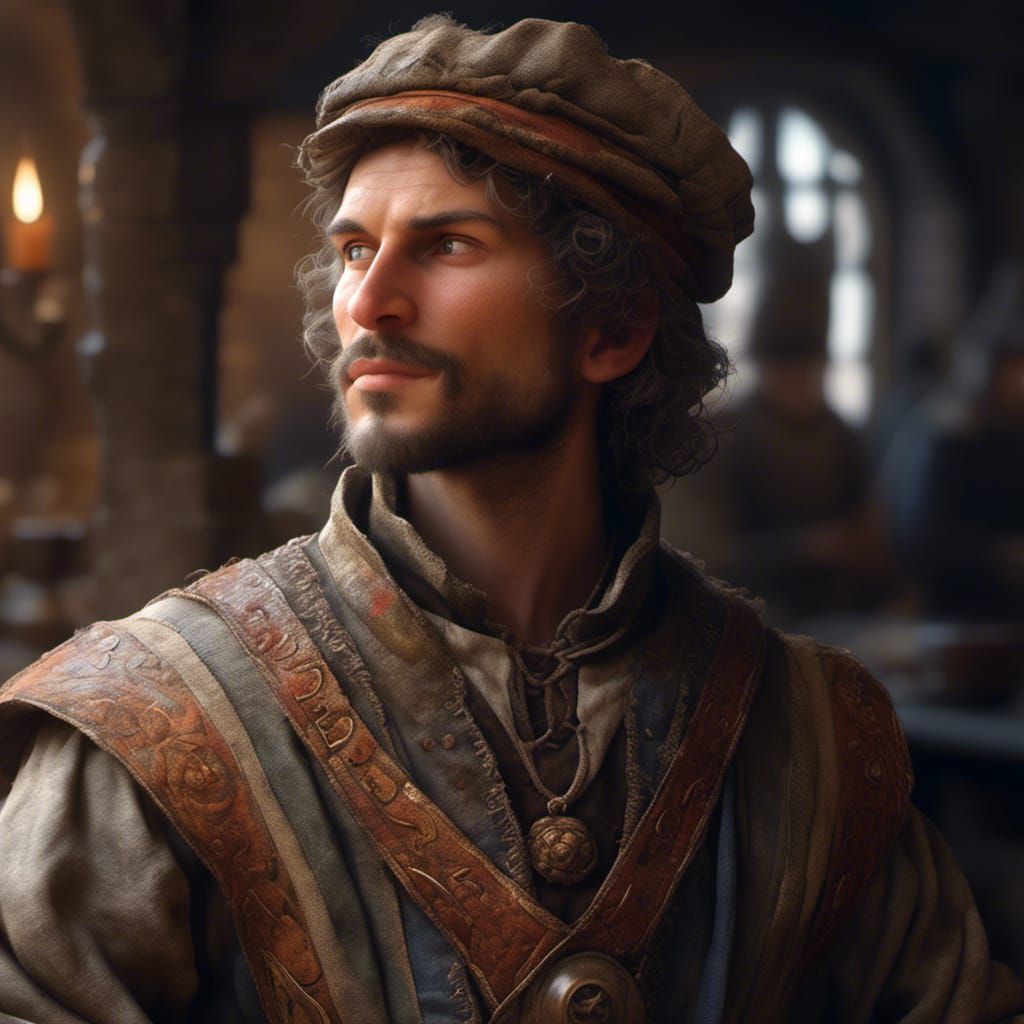 Young Medieval Merchant in Hyperrealistic Portrait